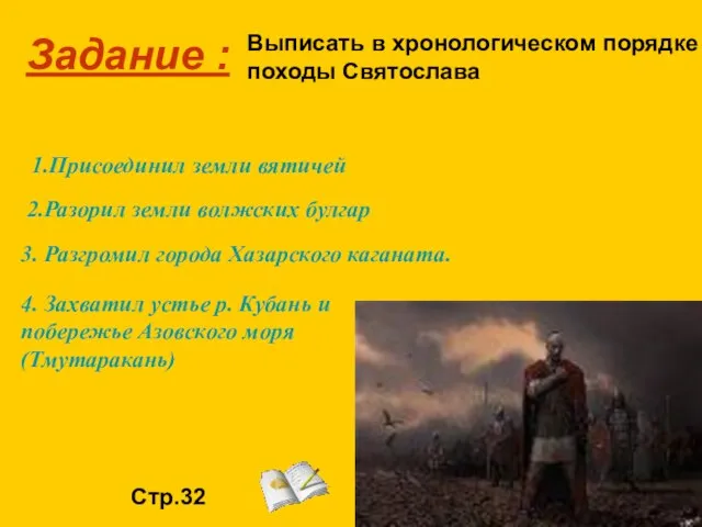 Задание : Выписать в хронологическом порядке походы Святослава 1.Присоединил земли вятичей 2.Разорил