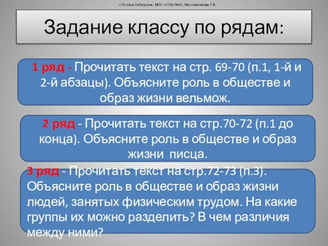 Задание классу по рядам: 1 ряд - Прочитать текст на стр. 69-70