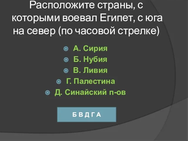 Расположите страны, с которыми воевал Египет, с юга на север (по часовой