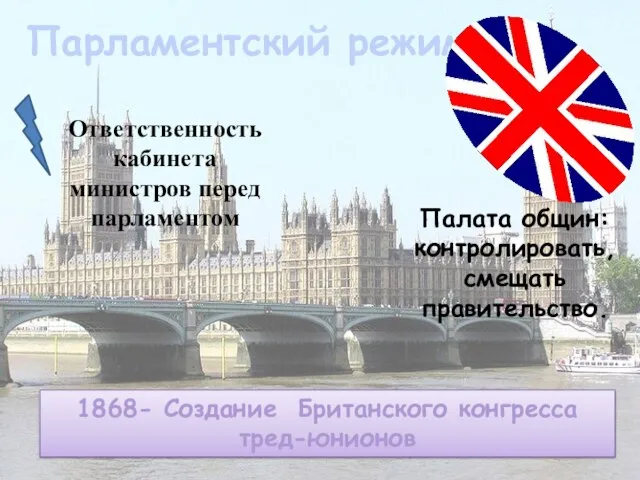 Парламентский режим Ответственность кабинета министров перед парламентом Палата общин: контролировать, смещать правительство.