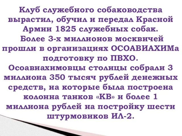 Клуб служебного собаководства вырастил, обучил и передал Красной Армии 1825 служебных собак.