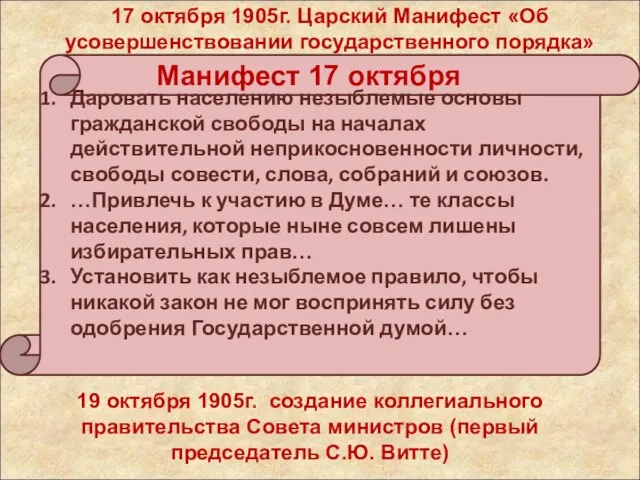 17 октября 1905г. Царский Манифест «Об усовершенствовании государственного порядка» Даровать населению незыблемые