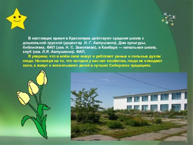 В настоящее время в Красноярке действуют средняя школа с дошкольной группой (директор