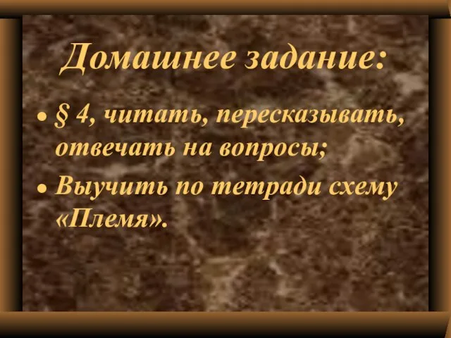 Домашнее задание: § 4, читать, пересказывать, отвечать на вопросы; Выучить по тетради схему «Племя».