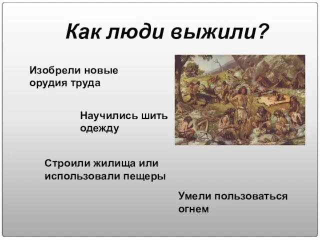 Как люди выжили? Изобрели новые орудия труда Научились шить одежду Строили жилища