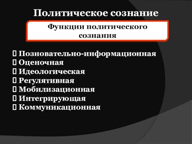 Политическое сознание Функции политического сознания Позновательно-информационная Оценочная Идеологическая Регулятивная Мобилизационная Интегрирующая Коммуникационная