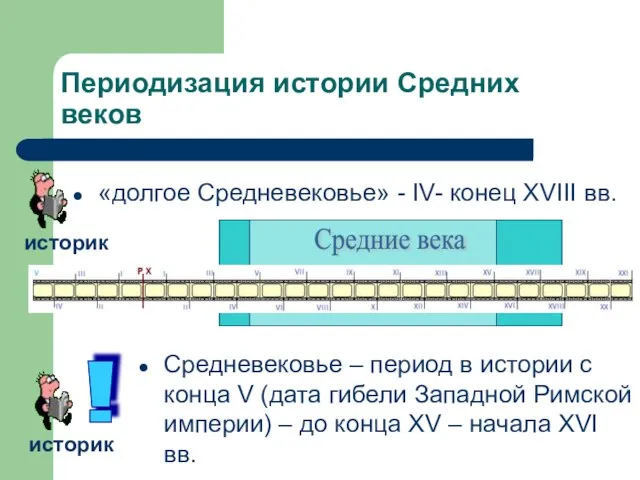 Периодизация истории Средних веков «долгое Средневековье» - IV- конец XVIII вв. Средние