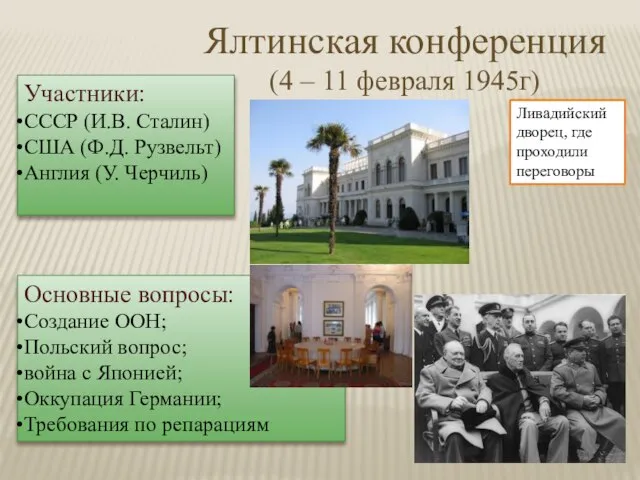 Ялтинская конференция (4 – 11 февраля 1945г) Участники: СССР (И.В. Сталин) США