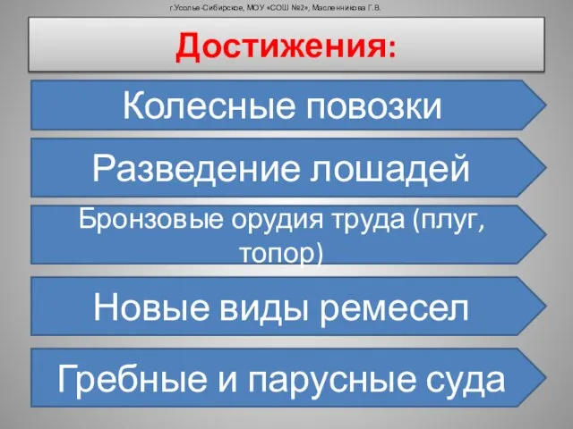 Достижения: Колесные повозки Разведение лошадей Бронзовые орудия труда (плуг, топор) Новые виды