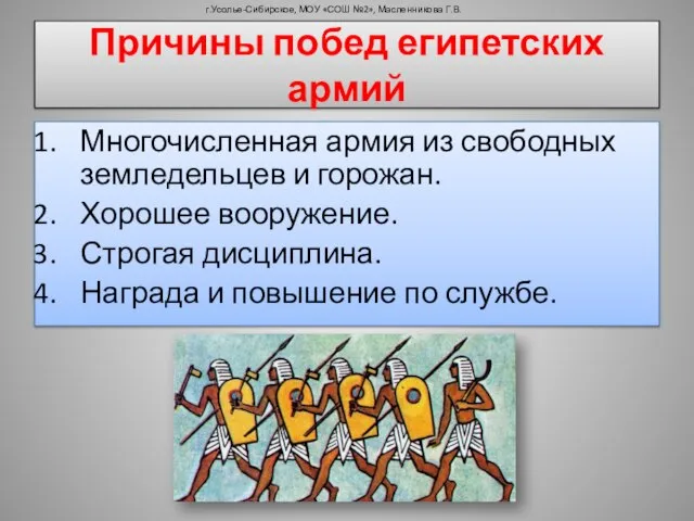 Причины побед египетских армий Многочисленная армия из свободных земледельцев и горожан. Хорошее