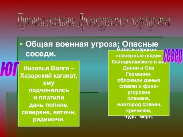 Общая военная угроза; Опасные соседи. Причина создания Древнерусского государства Низовья Волги –