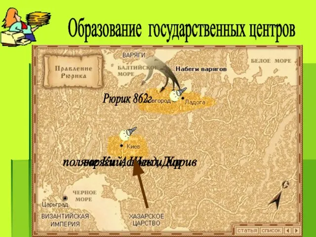 Образование государственных центров Рюрик 862г поляне Кий, Щек и Хорив варяги Аскольд, Дир