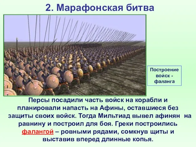 2. Марафонская битва Персы посадили часть войск на корабли и планировали напасть