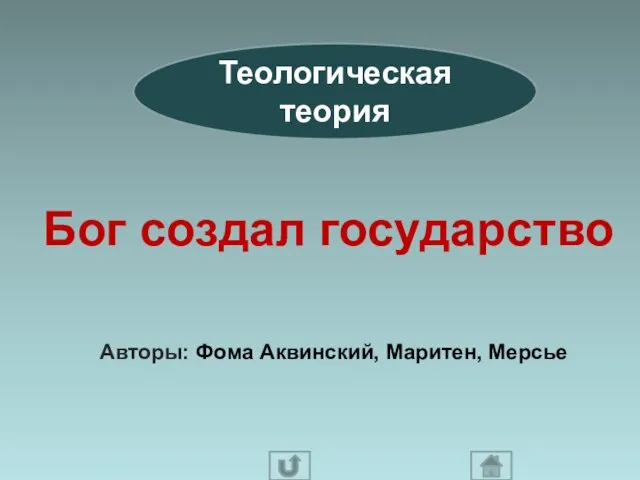 Теологическая теория Бог создал государство Авторы: Фома Аквинский, Маритен, Мерсье