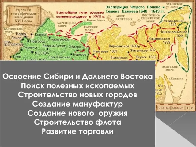 Наука ??? Освоение Сибири и Дальнего Востока Поиск полезных ископаемых Строительство новых