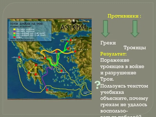 Противники : Греки Результат: Поражение троянцев в войне и разрушение Трои. ?