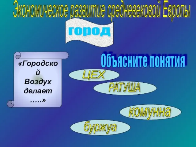 Экономическое развитие средневековой Европы город «Городской Воздух делает …..» Объясните понятия ЦЕХ РАТУША комунна буржуа