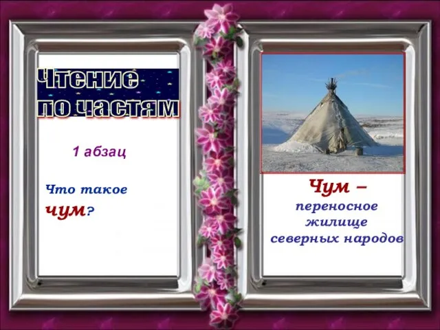 Чтение по частям Что такое чум? Чум – переносное жилище северных народов 1 абзац