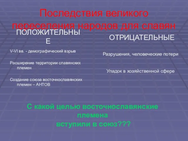 Последствия великого переселения народов для славян V-VI вв. - демографический взрыв Расширение