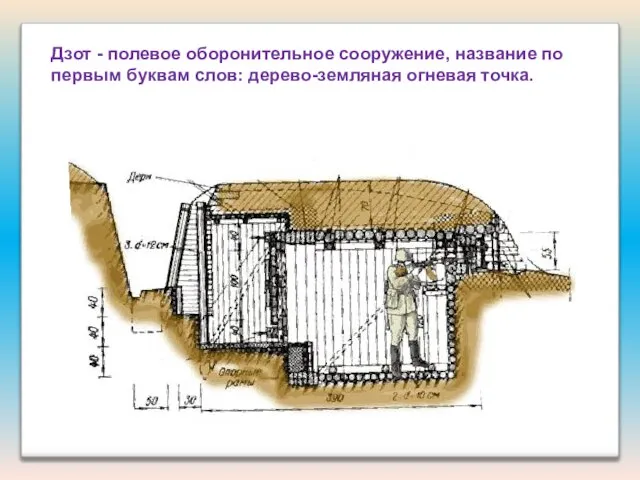 Дзот - полевое оборонительное сооружение, название по первым буквам слов: дерево-земляная огневая точка.