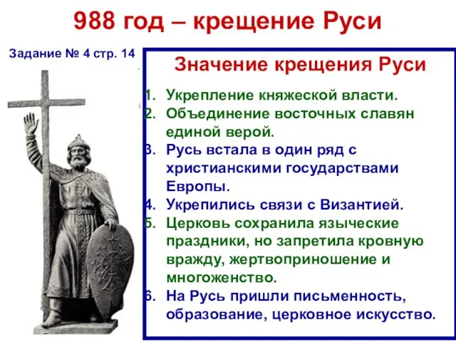 Значение крещения Руси 988 год – крещение Руси Задание № 4 стр.