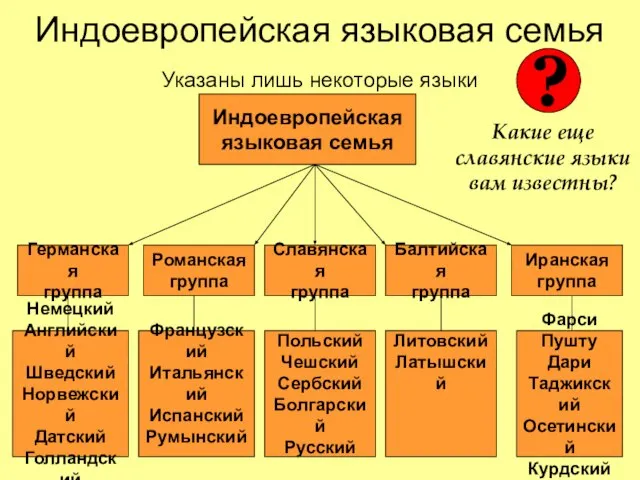 Индоевропейская языковая семья Указаны лишь некоторые языки Индоевропейская языковая семья Германская группа