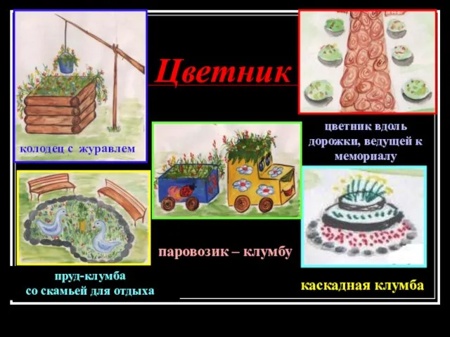 Цветник паровозик – клумбу пруд-клумба со скамьей для отдыха каскадная клумба цветник