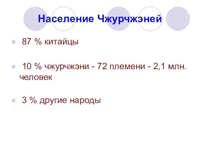 Население Чжурчжэней 87 % китайцы 10 % чжурчжэни - 72 племени -