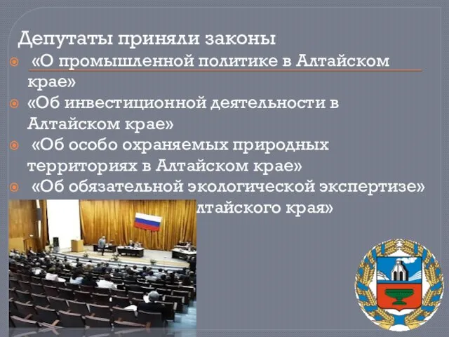 Депутаты приняли законы «О промышленной политике в Алтайском крае» «Об инвестиционной деятельности