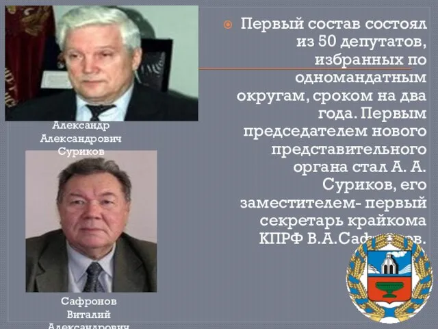 Первый состав состоял из 50 депутатов, избранных по одномандатным округам, сроком на