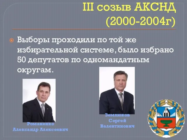 III созыв АКСНД (2000-2004г) Выборы проходили по той же избирательной системе, было