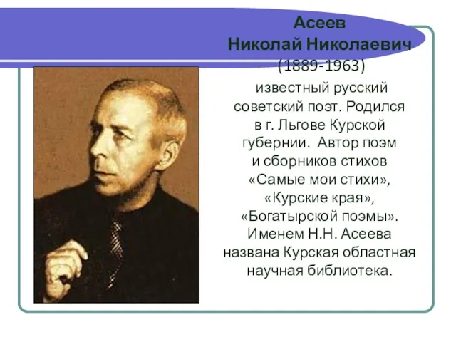 Асеев Николай Николаевич (1889-1963) известный русский советский поэт. Родился в г. Льгове