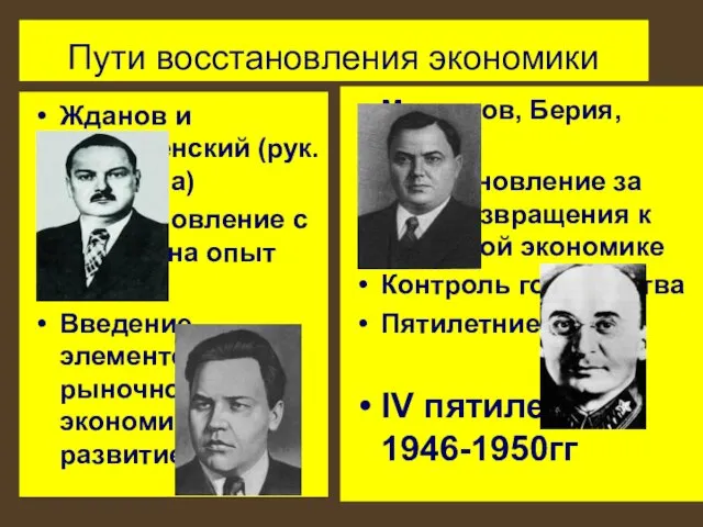 Пути восстановления экономики Жданов и Вознесенский (рук. Госплана) Восстановление с опорой на