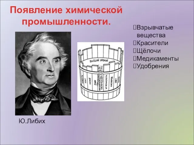 Появление химической промышленности. Ю.Либих Взрывчатые вещества Красители Щёлочи Медикаменты Удобрения