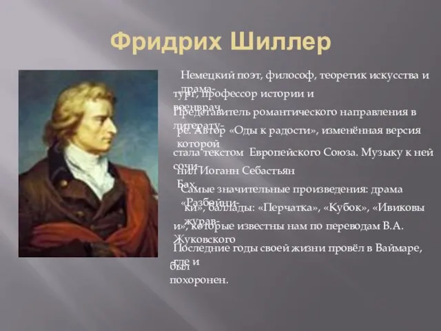 Фридрих Шиллер Немецкий поэт, философ, теоретик искусства и драма- тург, профессор истории