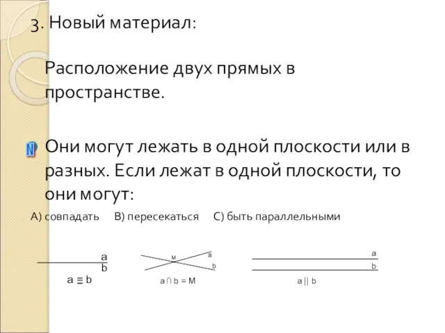 3. Новый материал: Расположение двух прямых в пространстве. Они могут лежать в