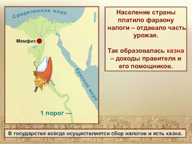 1 порог — Население страны платило фараону налоги – отдавало часть урожая.