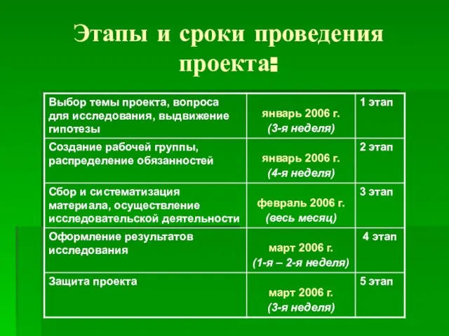 Этапы и сроки проведения проекта: