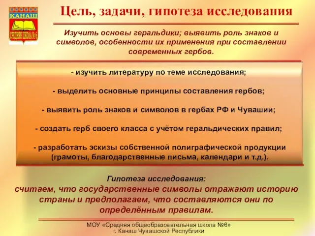 Цель, задачи, гипотеза исследования МОУ «Средняя общеобразовательная школа №6» г. Канаш Чувашской