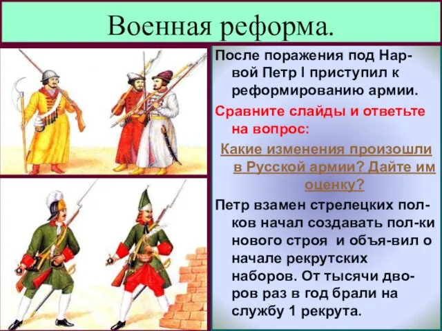 После поражения под Нар-вой Петр I приступил к реформированию армии. Сравните слайды