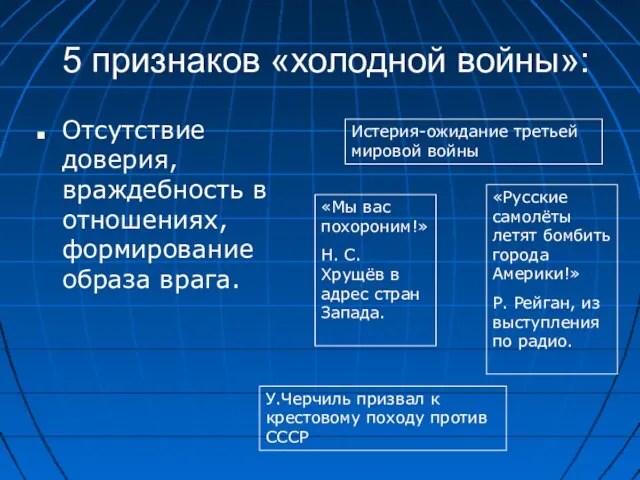 5 признаков «холодной войны»: Отсутствие доверия, враждебность в отношениях, формирование образа врага.