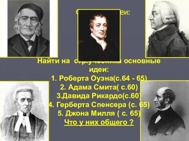 Основные идеи: Найти на стр.учебника основные идеи: 1. Роберта Оуэна(с.64 - 65)