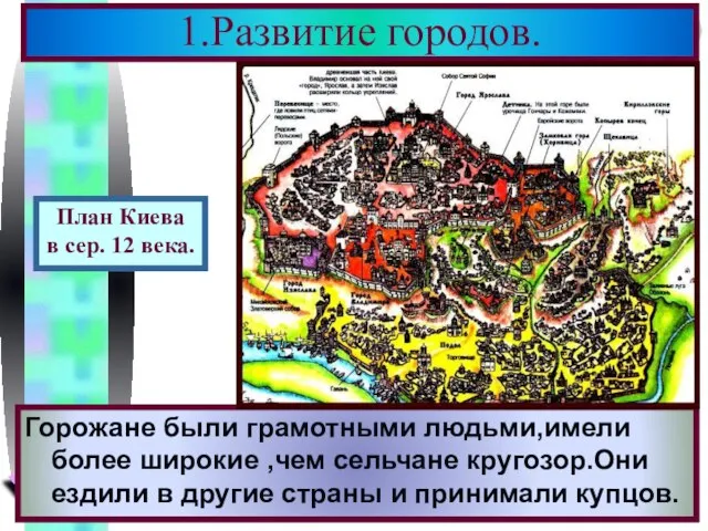 Внутри кремля располагались монастыри,церк ви,княжеские хоромы.Часто крепости дели-лись внутренними стенами. 1.Развитие городов.
