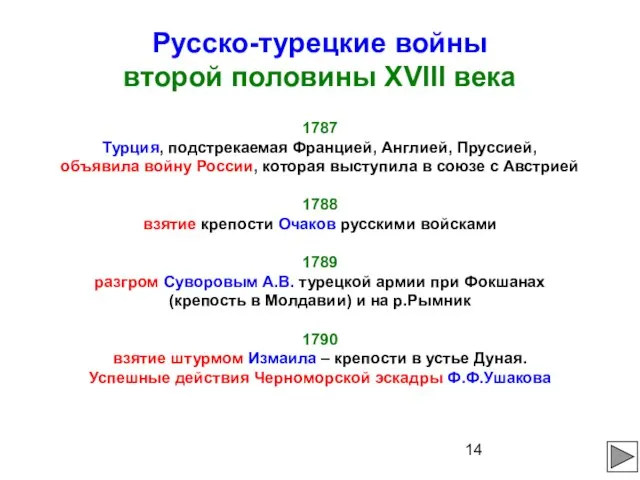 Русско-турецкие войны второй половины XVIII века 1787 Турция, подстрекаемая Францией, Англией, Пруссией,