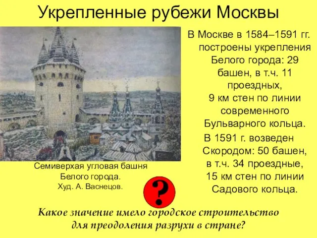 Укрепленные рубежи Москвы В Москве в 1584–1591 гг. построены укрепления Белого города: