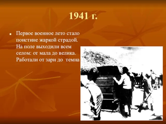 1941 г. Первое военное лето стало поистине жаркой страдой. На поле выходили