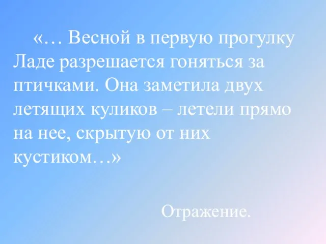 «… Весной в первую прогулку Ладе разрешается гоняться за птичками. Она заметила