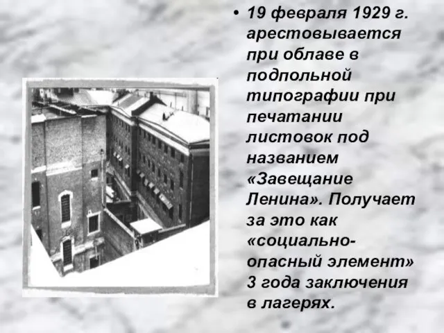 19 февраля 1929 г. арестовывается при облаве в подпольной типографии при печатании