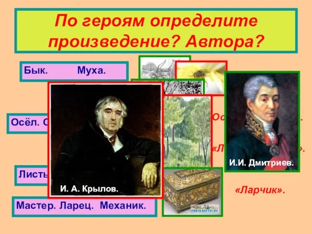 По героям определите произведение? Автора? Осёл. Соловей. Петух. «Осёл и Соловей». Листы.