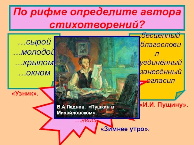 По рифме определите автора стихотворений? …бесценный …благословил …уединённый …занесённый …огласил …сырой …молодой